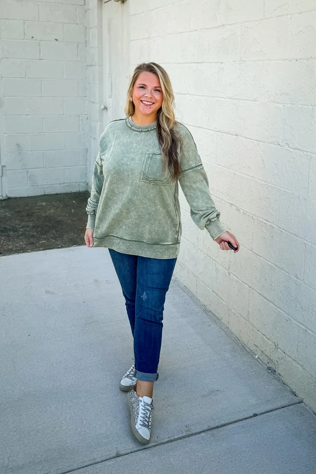 Necklaces Zenana Chelsea Acid Wash Pullover Pocket Sweatshirt Light Olive