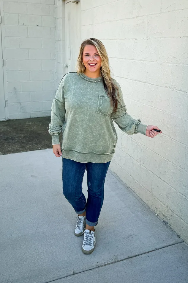 Necklaces Zenana Chelsea Acid Wash Pullover Pocket Sweatshirt Light Olive