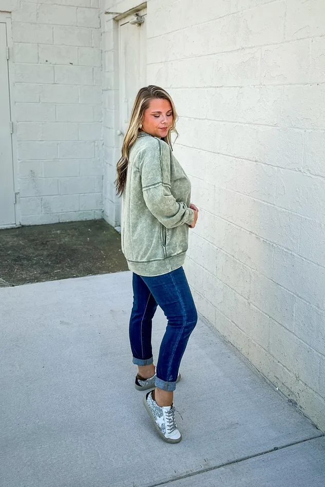 Necklaces Zenana Chelsea Acid Wash Pullover Pocket Sweatshirt Light Olive
