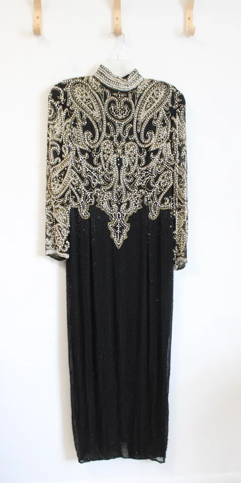 NEW Black Tie Oleg Cassini Vintage Black Pearl Beaded HighNeck Silk Maxi Dress 8 Oleg Cassini Rings