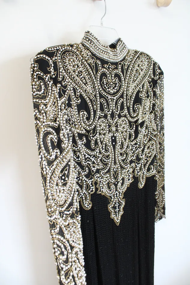 NEW Black Tie Oleg Cassini Vintage Black Pearl Beaded HighNeck Silk Maxi Dress 8 Oleg Cassini Rings