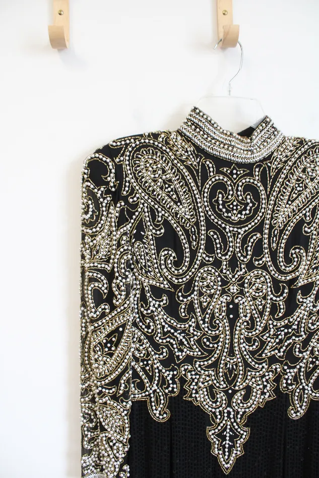 NEW Black Tie Oleg Cassini Vintage Black Pearl Beaded HighNeck Silk Maxi Dress 8 Oleg Cassini Rings