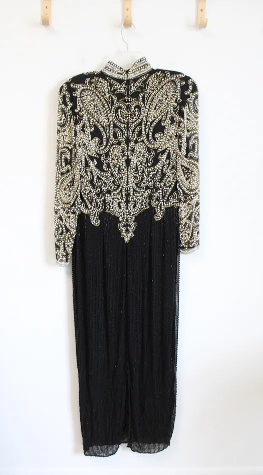 NEW Black Tie Oleg Cassini Vintage Black Pearl Beaded HighNeck Silk Maxi Dress 8 Oleg Cassini Rings