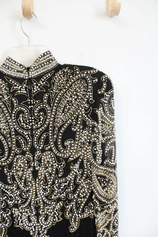 NEW Black Tie Oleg Cassini Vintage Black Pearl Beaded HighNeck Silk Maxi Dress 8 Oleg Cassini Rings