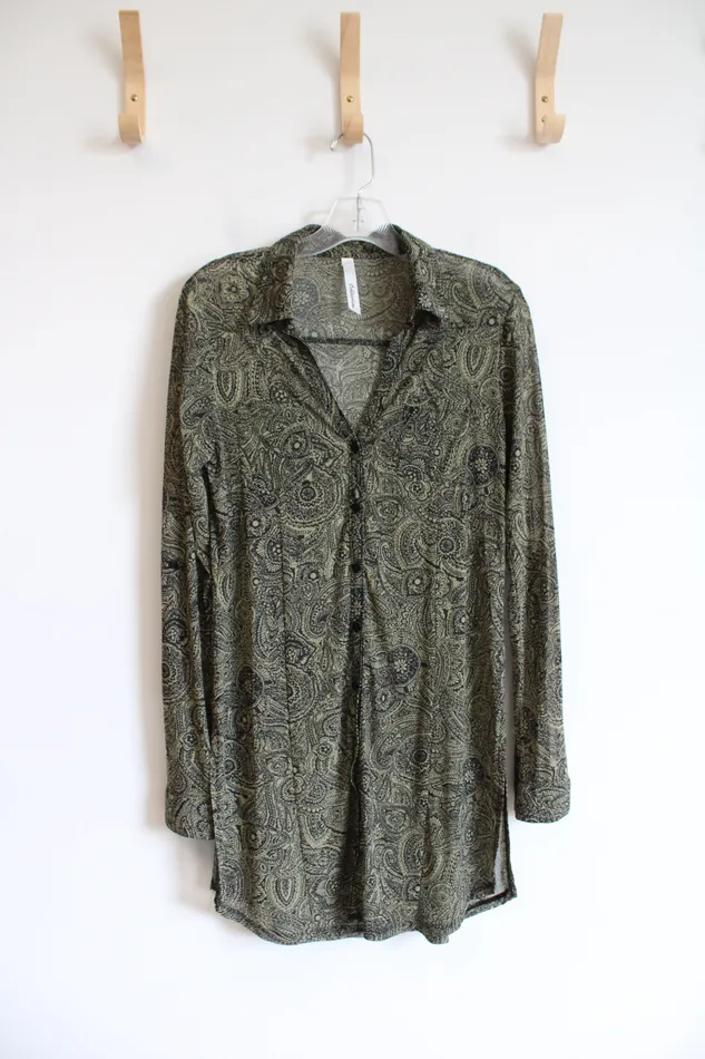 NY Collection Rings NY Collection Green Black Patterned Button Down Sheer Tunic Top S