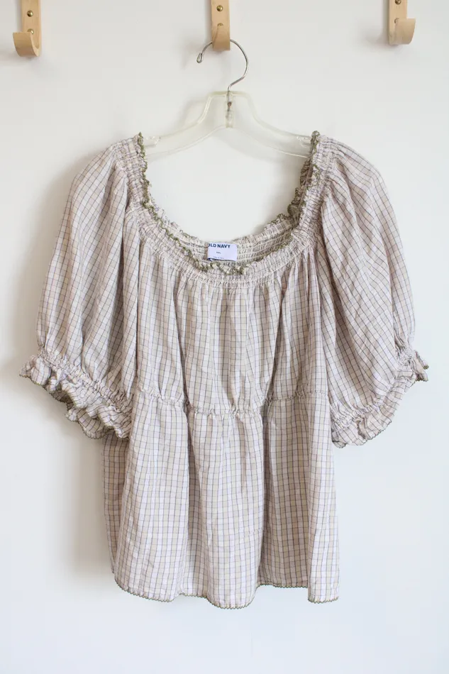 Old Navy Earrings Old Navy Tan Pink Checkered Babydoll Top XXL