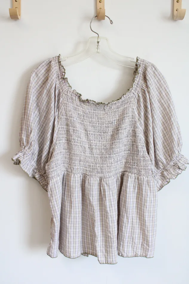 Old Navy Earrings Old Navy Tan Pink Checkered Babydoll Top XXL