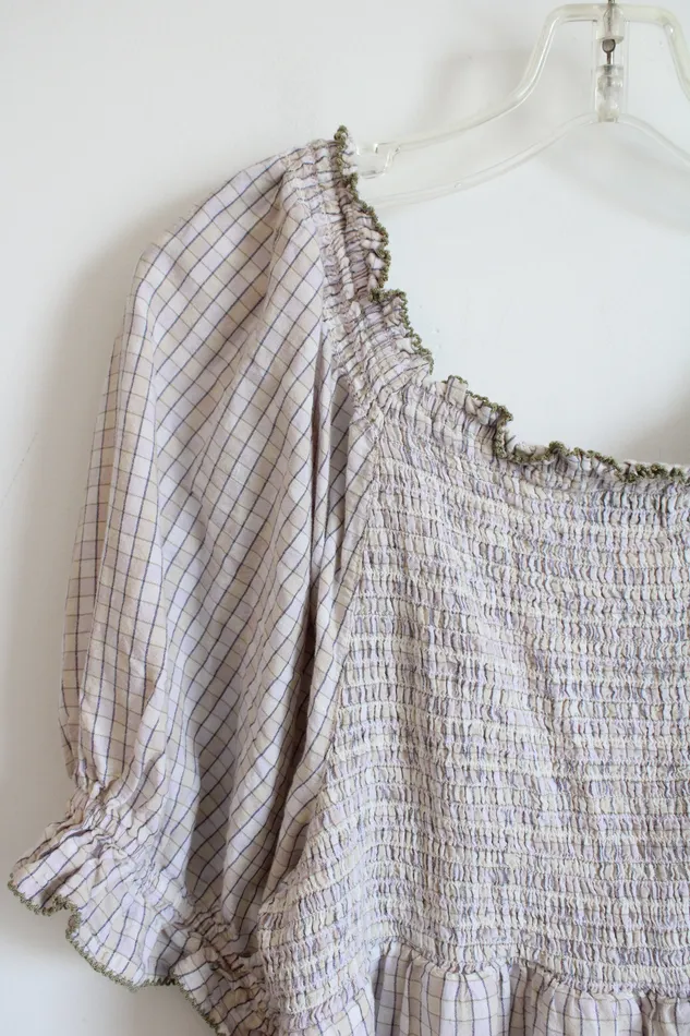 Old Navy Earrings Old Navy Tan Pink Checkered Babydoll Top XXL