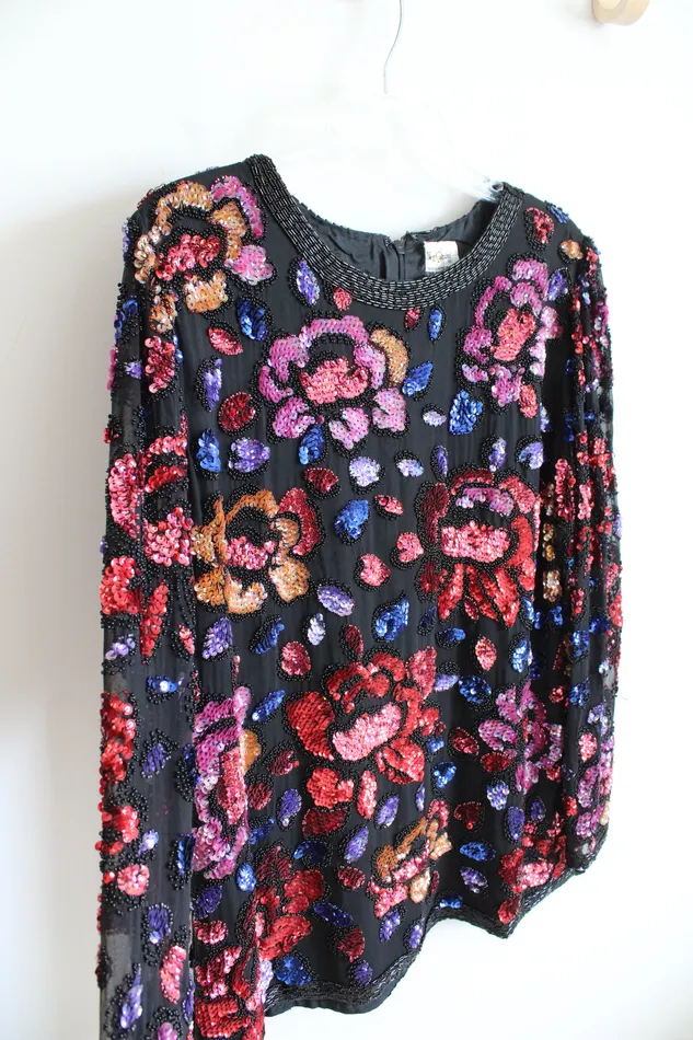 Oleg Cassini Rings Oleg Cassini Vintage Red Blue Pink Floral Sequined Top XL