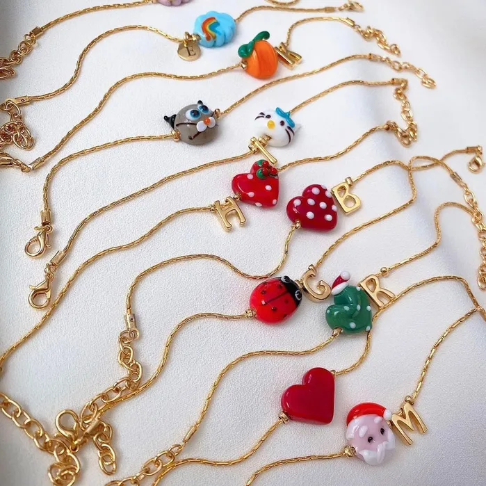 Peppy Beads Charm Necklaces Hand Made Murano Glass Green Heart Charm