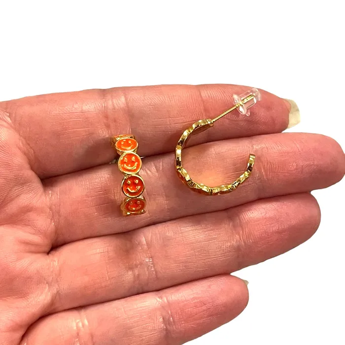 Peppy Beads Earrings 24Kt Gold Plated Neon Orange Enamelled Smiley Face Earrings Peppy Beads Earrings 24Kt Gold Plated Neon Orange Enamelled Smiley Face Earrings
