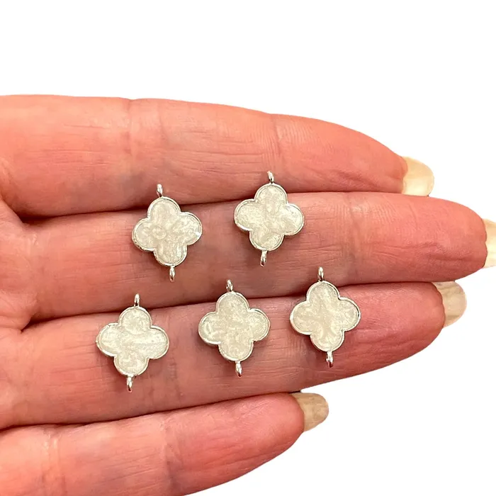 Peppy Beads Earrings Silver Plated Ivory Enamelled Clover Connector Charms 5 pcs in a pack Peppy Beads Earrings Silver Plated Ivory Enamelled Clover Connector Charms 5 pcs in a pack