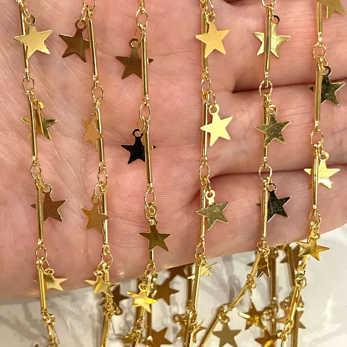 Peppy Beads Necklaces 24Kt Shiny Gold Plated Bar Chain with Star Charms 15mm Bar Chain with 6mm star charms Peppy Beads Necklaces 24Kt Shiny Gold Plated Bar Chain with Star Charms 15mm Bar Chain with 6mm star charms