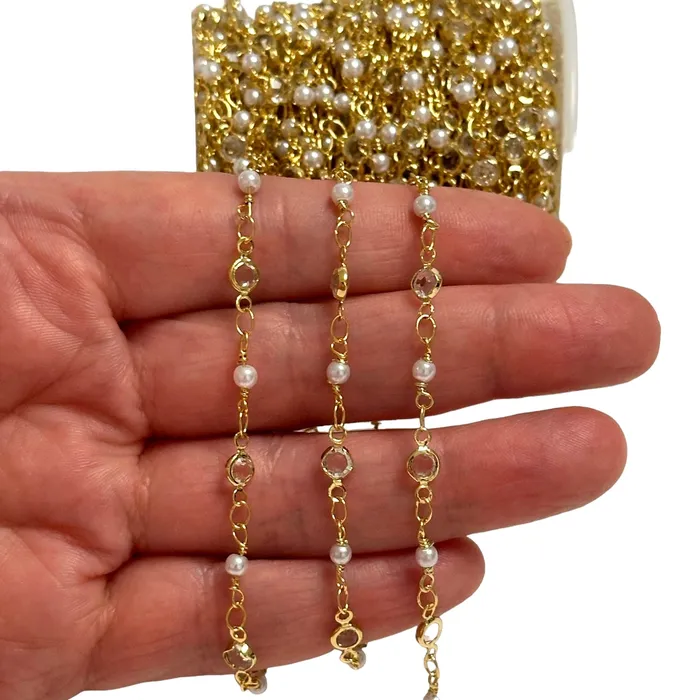 Peppy Beads Necklaces Clear CZPearl Rosary Chain 24Kt Gold Plated Rosary Chain