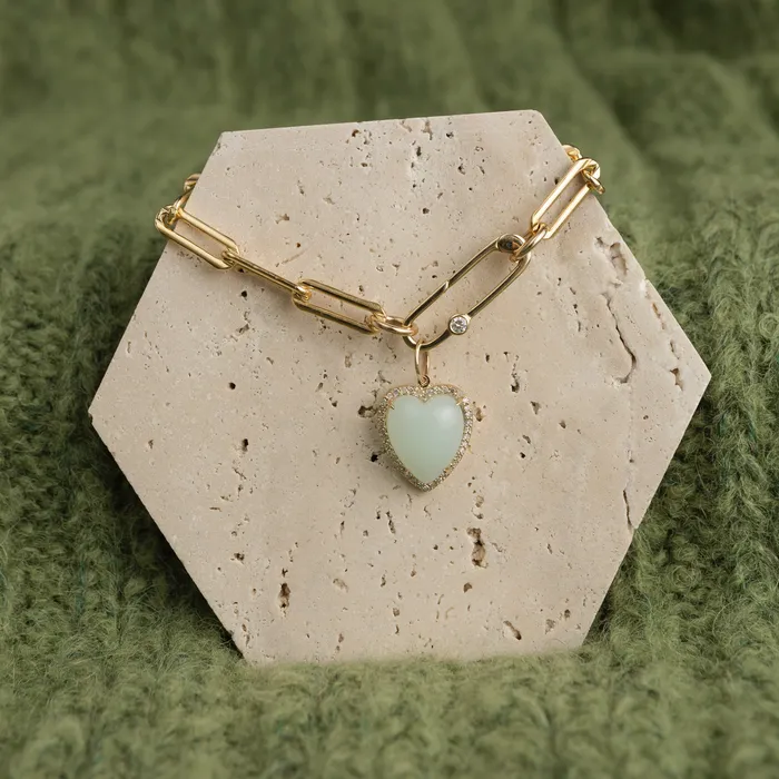 RACHEL LYNN CHICAGO Charm Necklaces Yellow Gold Diamond and Green Chalcedony Chubby Heart Charm