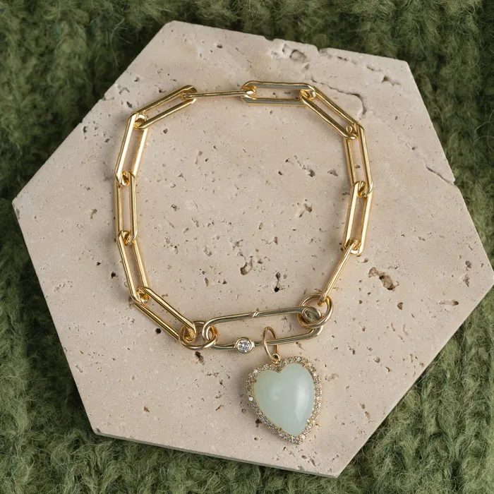 RACHEL LYNN CHICAGO Charm Necklaces Yellow Gold Diamond and Green Chalcedony Chubby Heart Charm