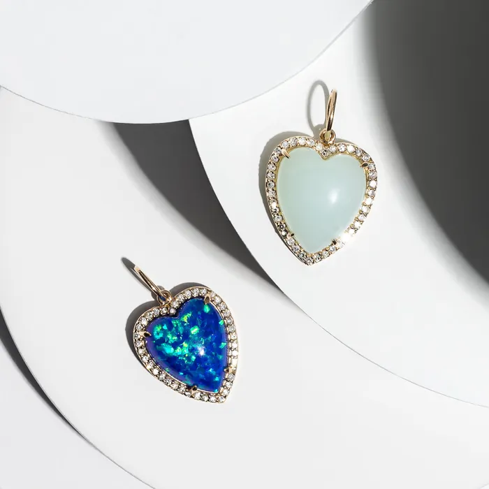 RACHEL LYNN CHICAGO Charm Necklaces Yellow Gold Diamond and Green Chalcedony Chubby Heart Charm