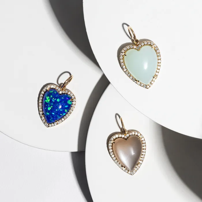 RACHEL LYNN CHICAGO Charm Necklaces Yellow Gold Diamond and Green Chalcedony Chubby Heart Charm