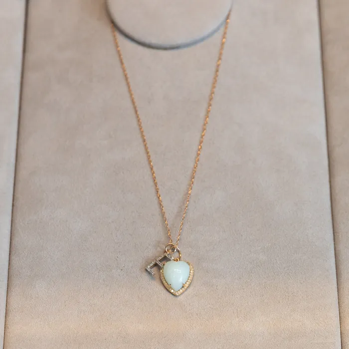 RACHEL LYNN CHICAGO Charm Necklaces Yellow Gold Diamond and Green Chalcedony Chubby Heart Charm