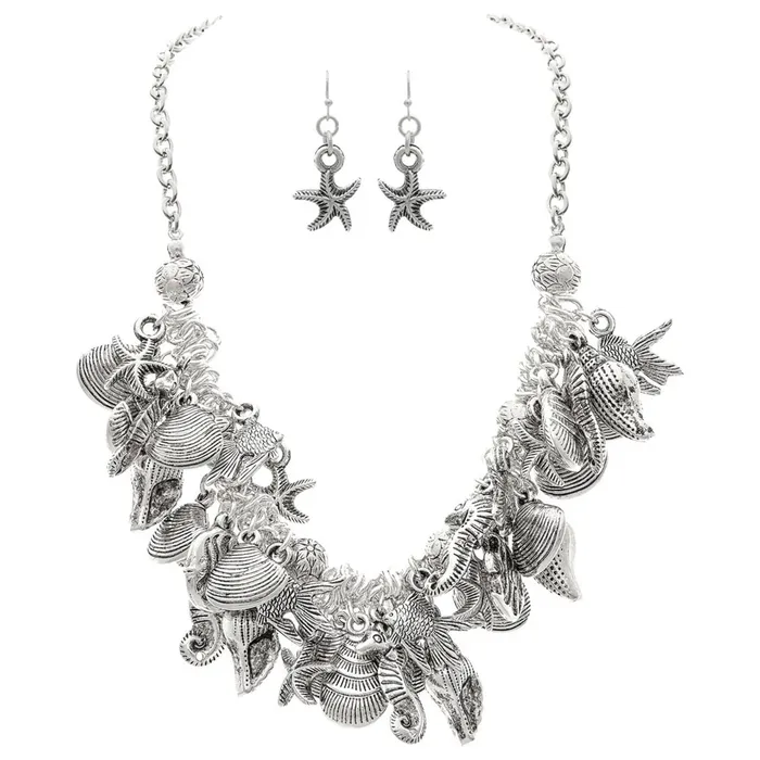 RAINJEWELRY Earrings Rain Jewelry Big Sea Life Silver Charm Necklace and Earrings Set