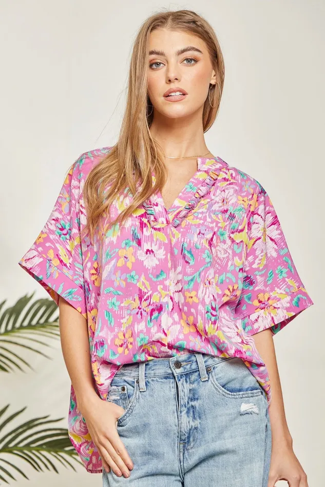 Rings ANDREE BY UNIT OVERSIZED CHIC FLORAL PRINT TOP MAGENTA MULTI