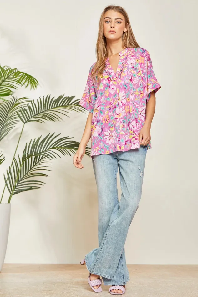 Rings ANDREE BY UNIT OVERSIZED CHIC FLORAL PRINT TOP MAGENTA MULTI