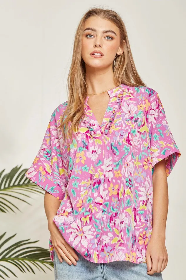 Rings ANDREE BY UNIT OVERSIZED CHIC FLORAL PRINT TOP MAGENTA MULTI