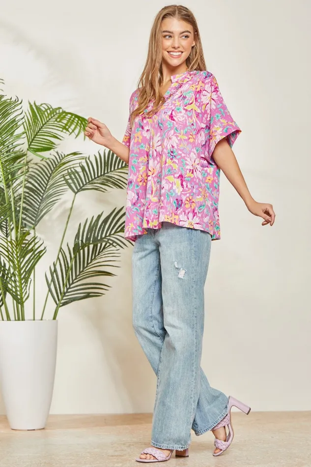 Rings ANDREE BY UNIT OVERSIZED CHIC FLORAL PRINT TOP MAGENTA MULTI