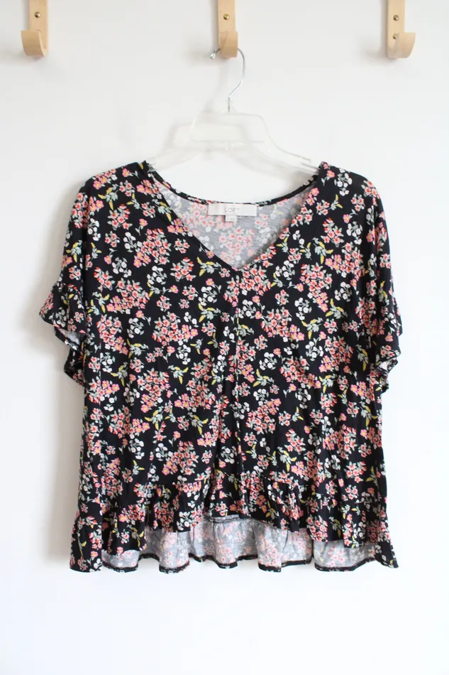 Rings Ann Taylor LOFT LOFT Pink Floral Black Ruffled Hem Top M