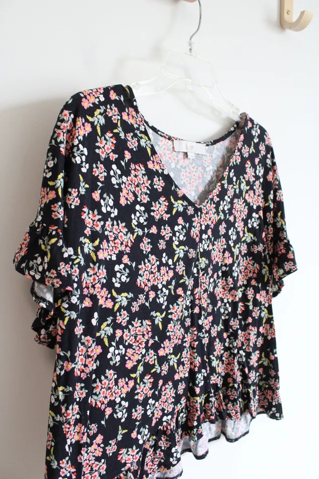 Rings Ann Taylor LOFT LOFT Pink Floral Black Ruffled Hem Top M