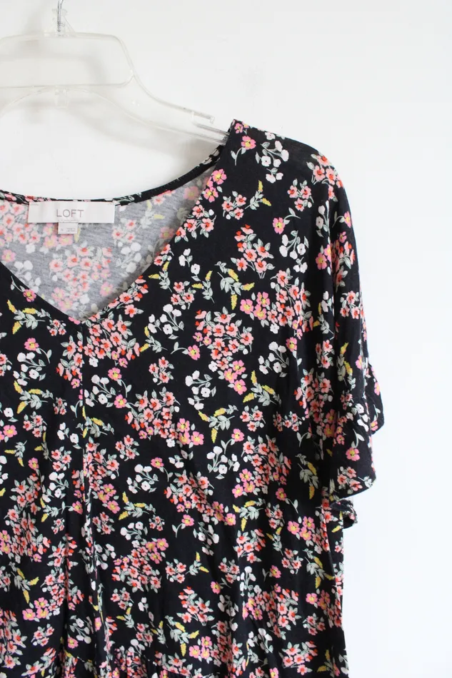 Rings Ann Taylor LOFT LOFT Pink Floral Black Ruffled Hem Top M