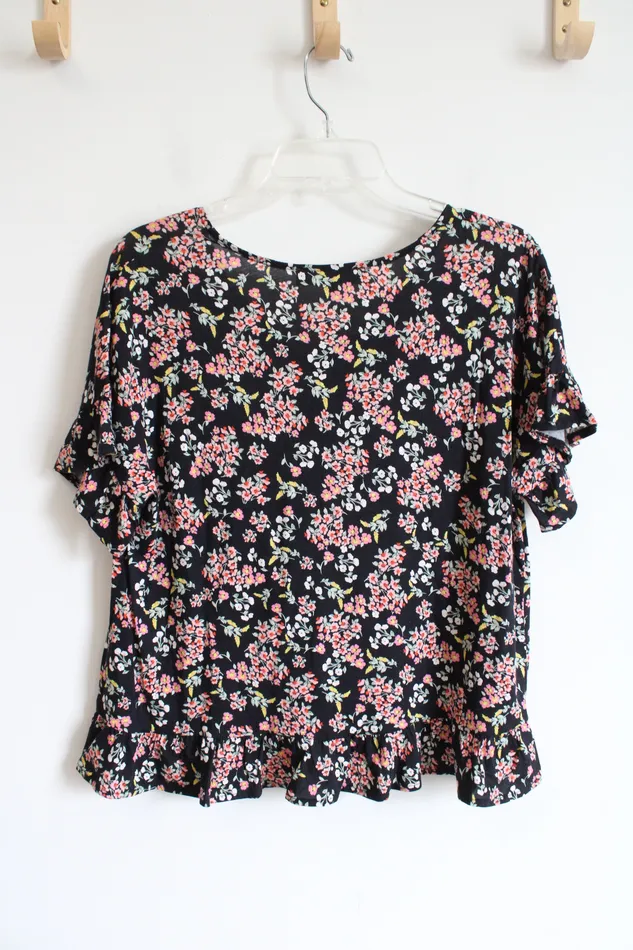 Rings Ann Taylor LOFT LOFT Pink Floral Black Ruffled Hem Top M