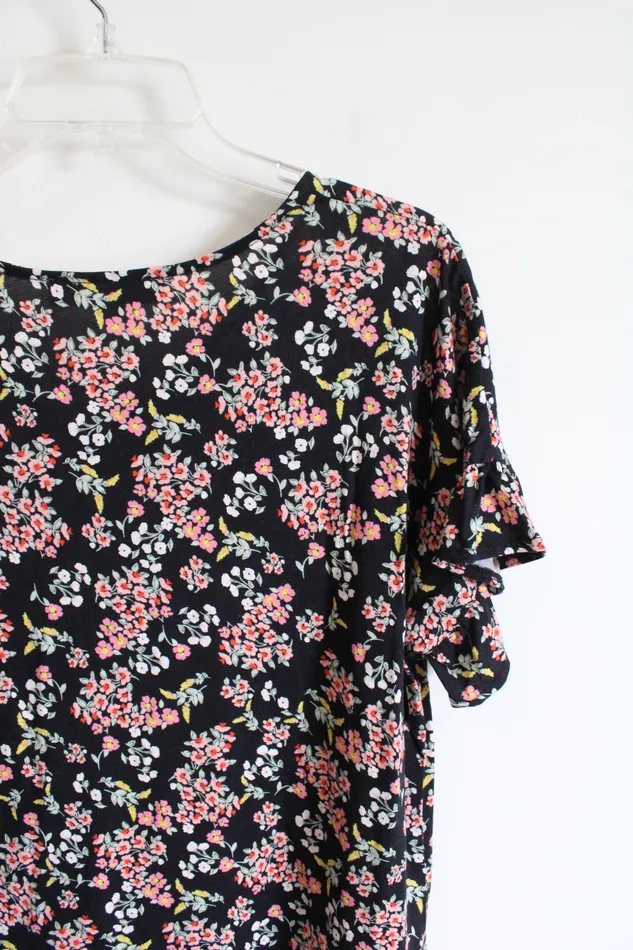 Rings Ann Taylor LOFT LOFT Pink Floral Black Ruffled Hem Top M