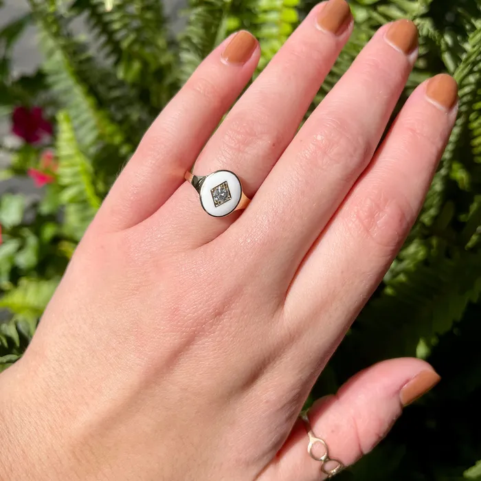 Rings Immaculate Jewelry 14k Yellow Gold 018 Carat Diamond and Enamel Signet Ring