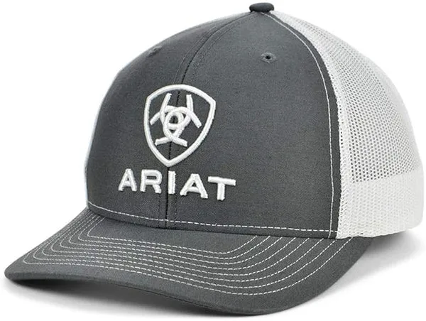 Rings M F WESTERN PRODUCTION INC ARIAT MENS STACKED LOGO TRUCKER CAP GREY AND WHITE