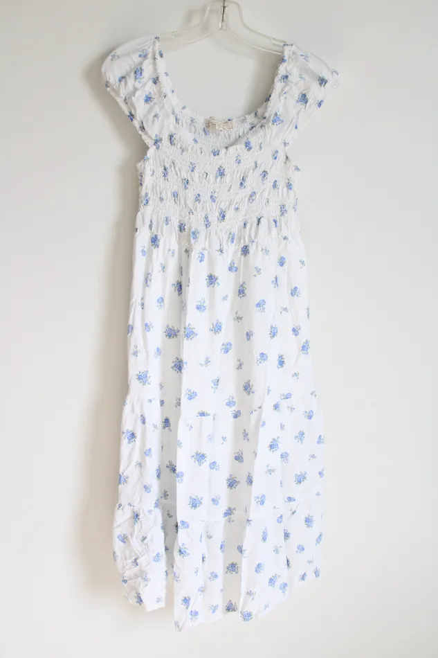 Rings No Comment No Comment White Blue Floral Smocked Dress Youth L 1416