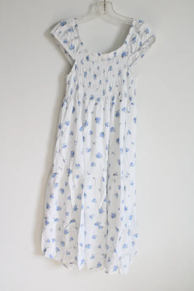 Rings No Comment No Comment White Blue Floral Smocked Dress Youth L 1416