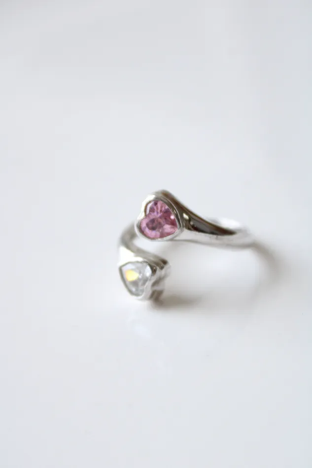 Rings Silver Clear Pink Crystal Heart Wrap Around Ring Size 8 Jubilee Thrift