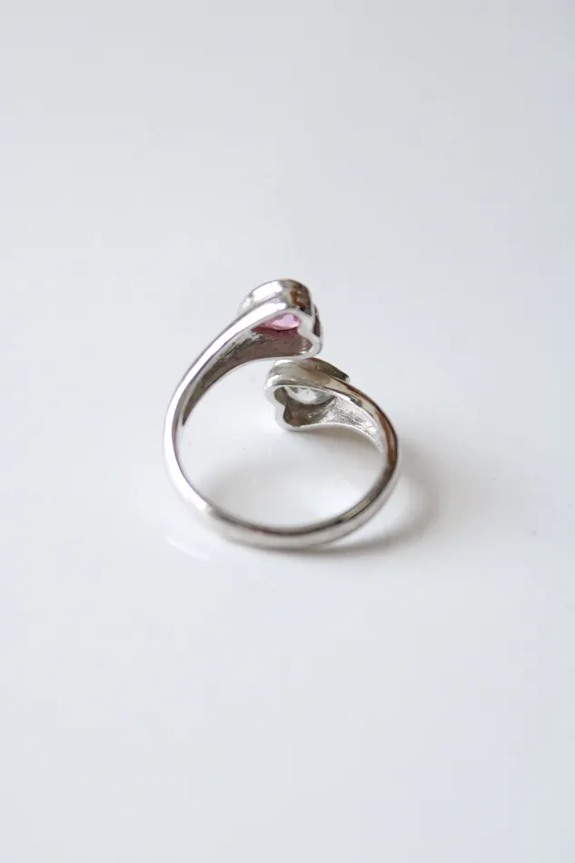 Rings Silver Clear Pink Crystal Heart Wrap Around Ring Size 8 Jubilee Thrift