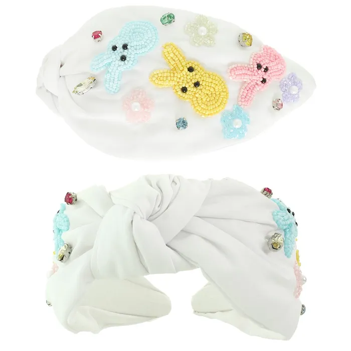 Rings Something Special LA FLORAL EASTER BUNNY CRYSTAL PEARL BEAD TOP KNOTTED HEADBAND WHITE