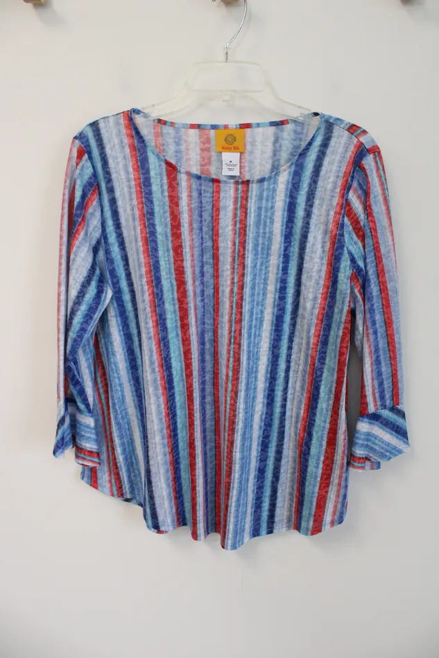 Ruby Rd Ruby Rd Red Blue Striped Flare Sleeve Top M Rings