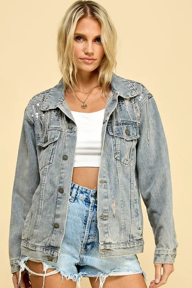 SEQUIN FRINGE DENIM JACKET VEVERET Earrings