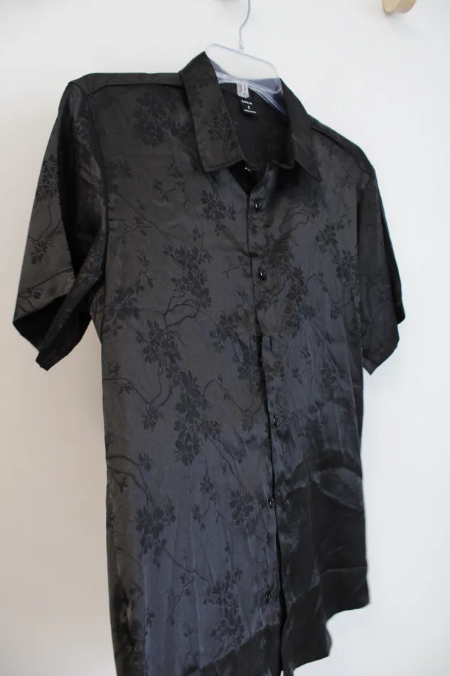 Shein Black Floral Button Down Shirt S Shein Rings