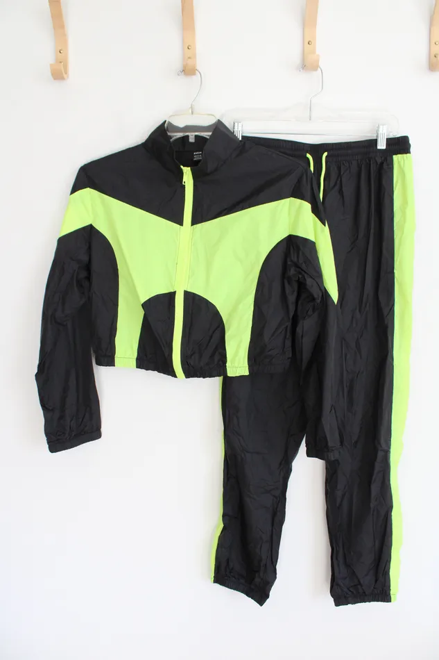 Shein Rings Shein Black Neon Green Cropped Jacket Pants Tracksuit Set L