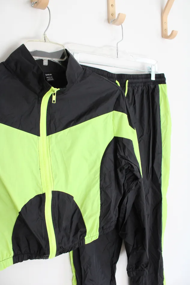 Shein Rings Shein Black Neon Green Cropped Jacket Pants Tracksuit Set L