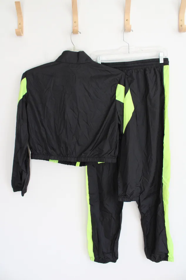 Shein Rings Shein Black Neon Green Cropped Jacket Pants Tracksuit Set L