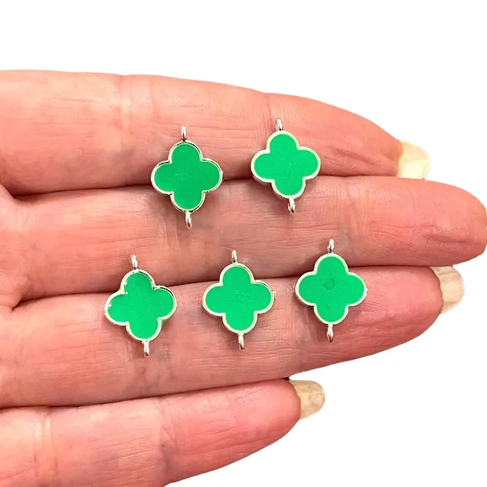 Silver Plated Neon Green Enamelled Clover Connector Charms 5 pcs in a pack Peppy Beads Earrings Silver Plated Neon Green Enamelled Clover Connector Charms 5 pcs in a pack Peppy Beads Earrings