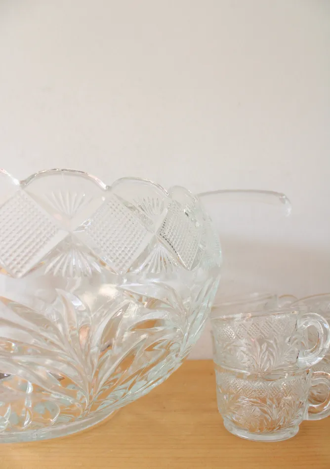 Smith Glass Floral Diamond Patterned Clear Glass Punch Bowl Mug Set Of 14 LE Smith Rings