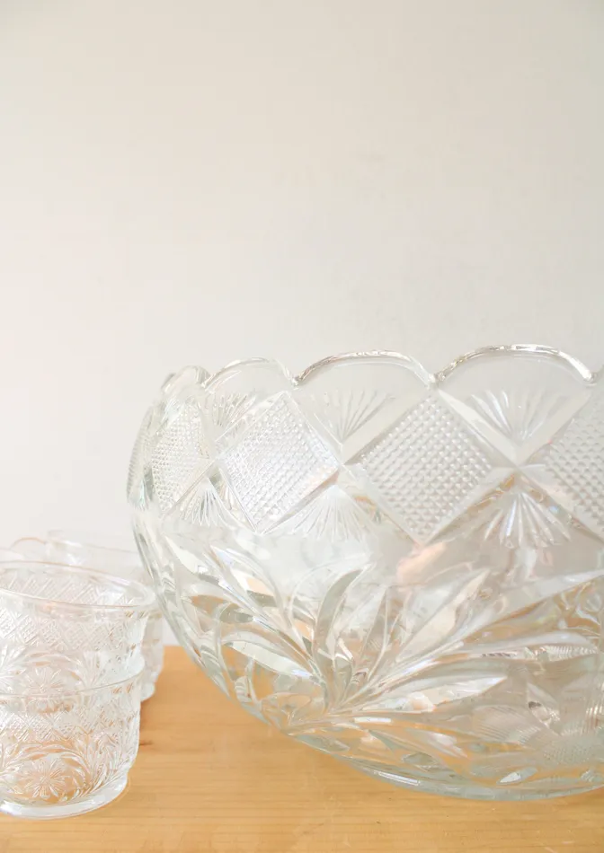 Smith Glass Floral Diamond Patterned Clear Glass Punch Bowl Mug Set Of 14 LE Smith Rings