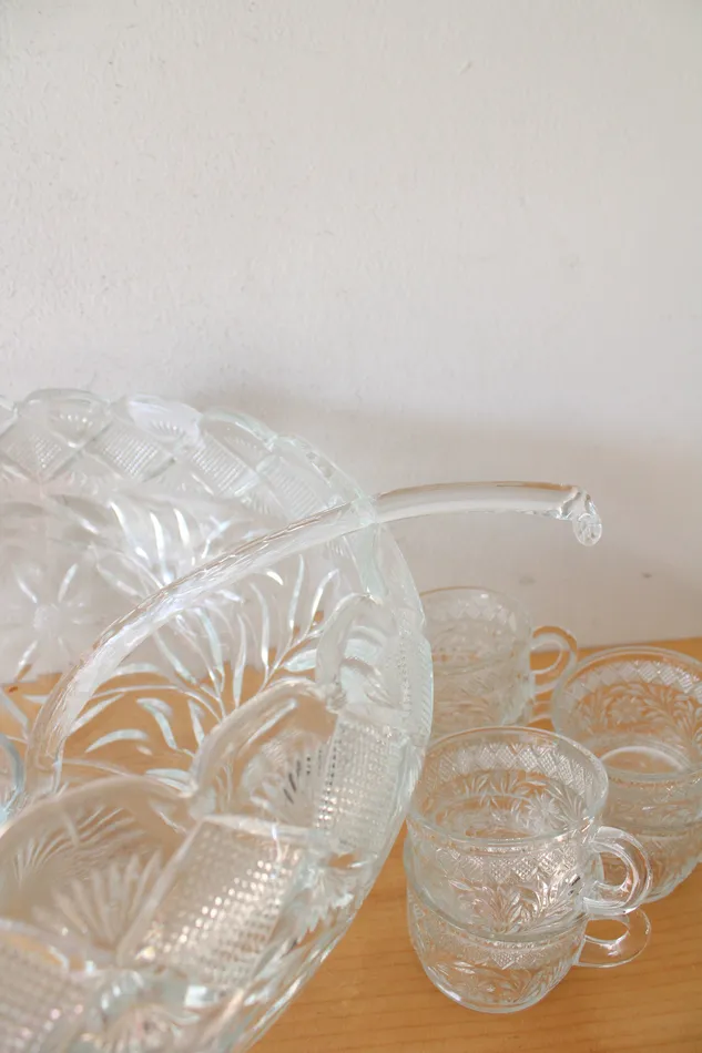Smith Glass Floral Diamond Patterned Clear Glass Punch Bowl Mug Set Of 14 LE Smith Rings